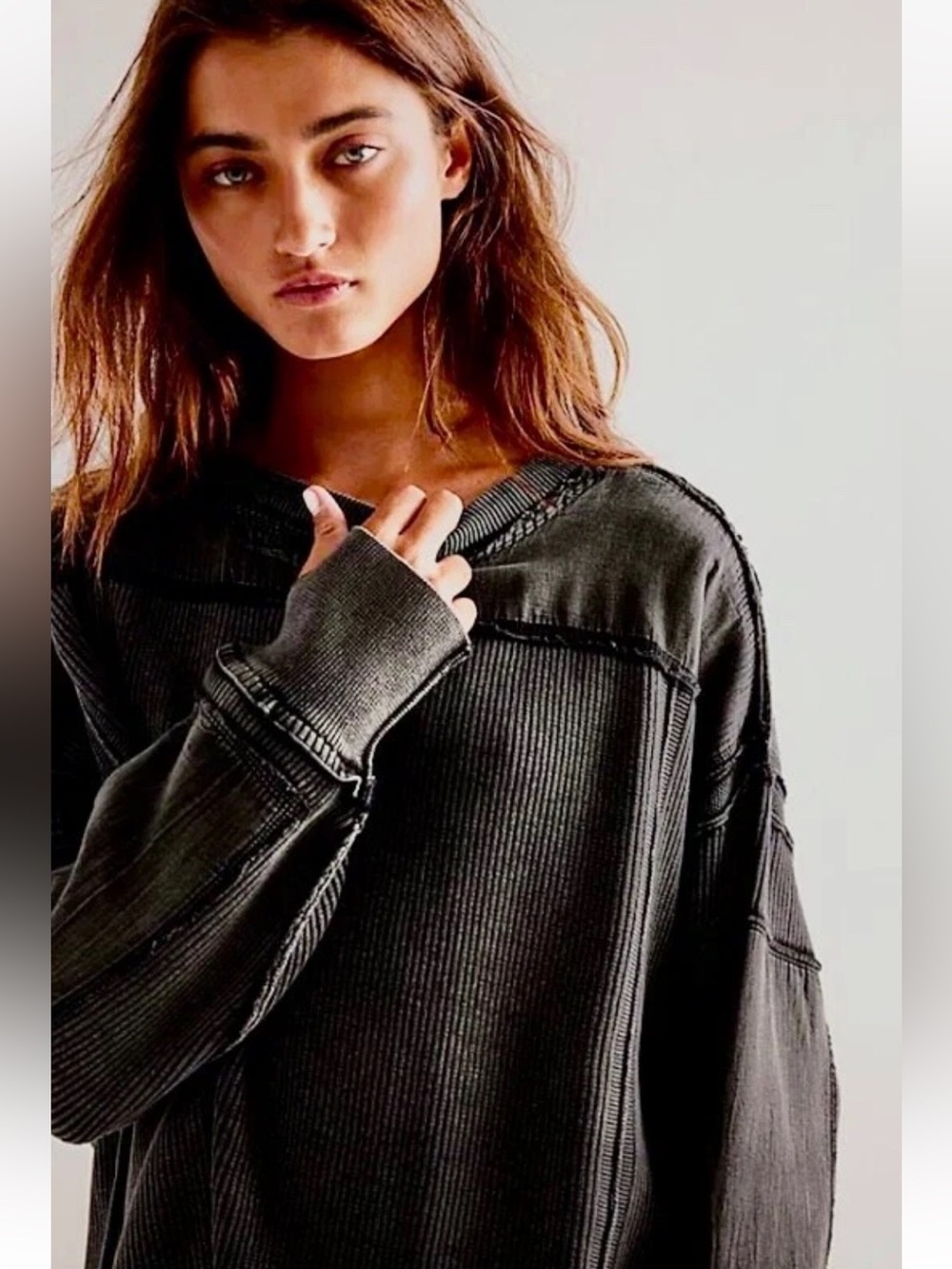 We The Free Washed Charcoal Ribbed Long-Sleeve Sweatshirt xs